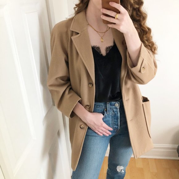 Stunning Vintage Oversized Camel Hair & Wool Blend Long Tan Blazer Coat Jacket - Picture 4 of 13